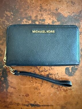 Michael Kors Black  Pebbled Leather Wristlet Wallet with Gold Logo